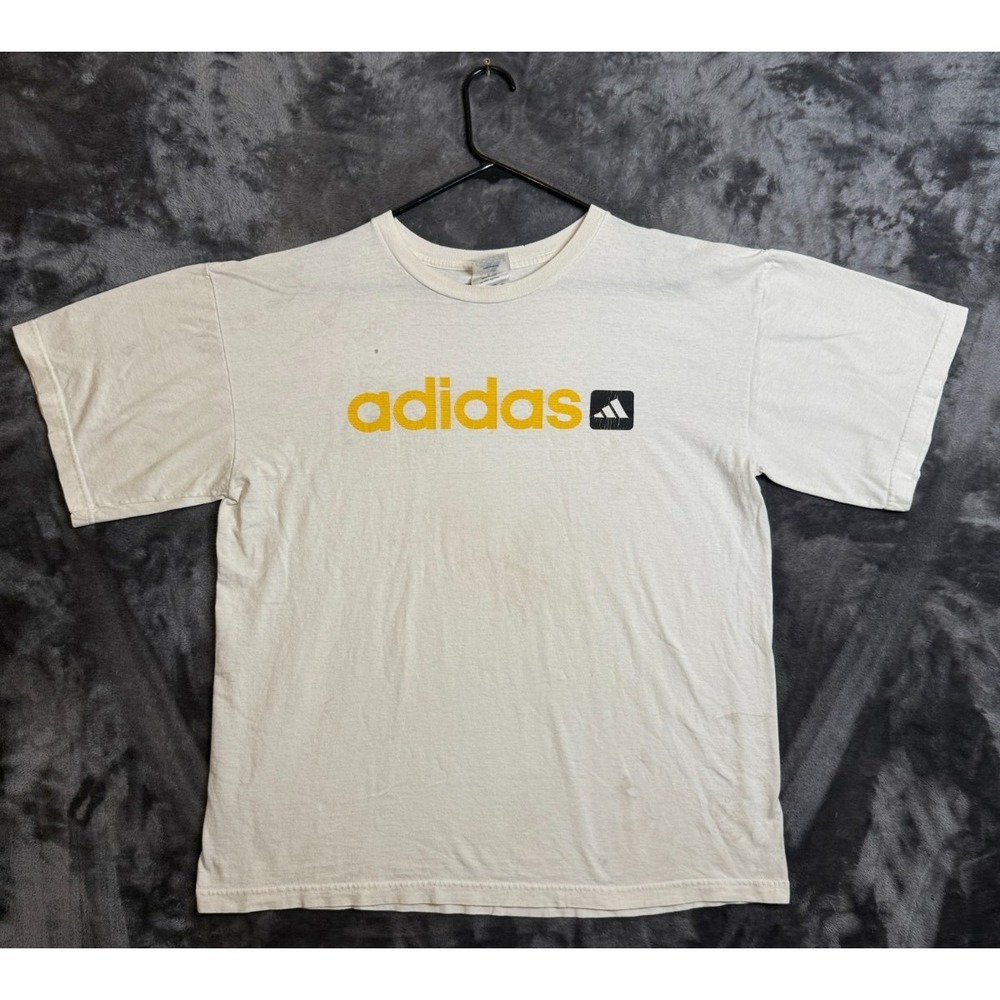 Vintage Y2k Adidas Short Sleeve White T-Shirt Yellow Logo 3 Stripes Size Large